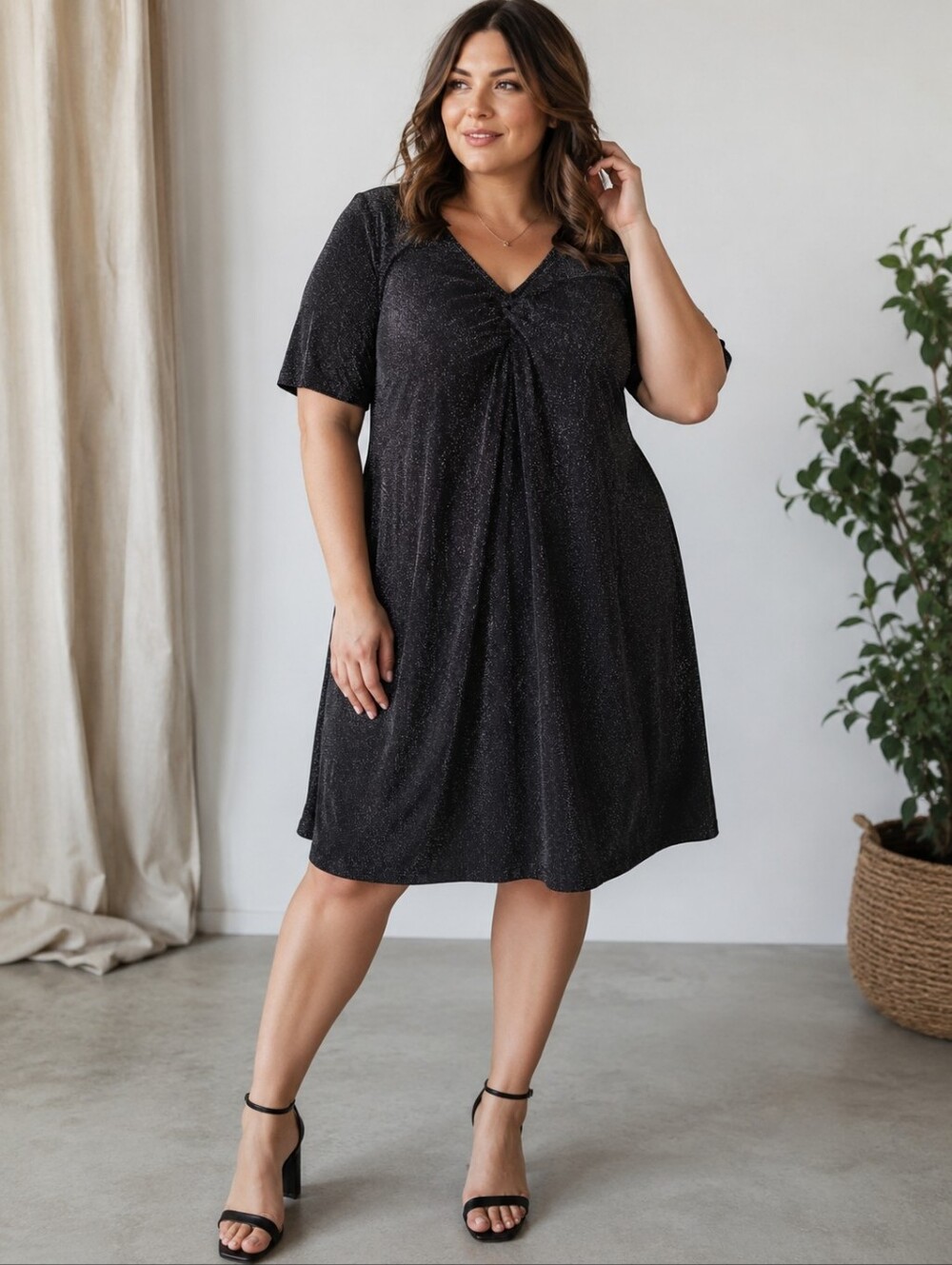 Kaffe Curve BlackMetallic Shimmer Bridgette Shimmer Dress Half Sleeve Ruched